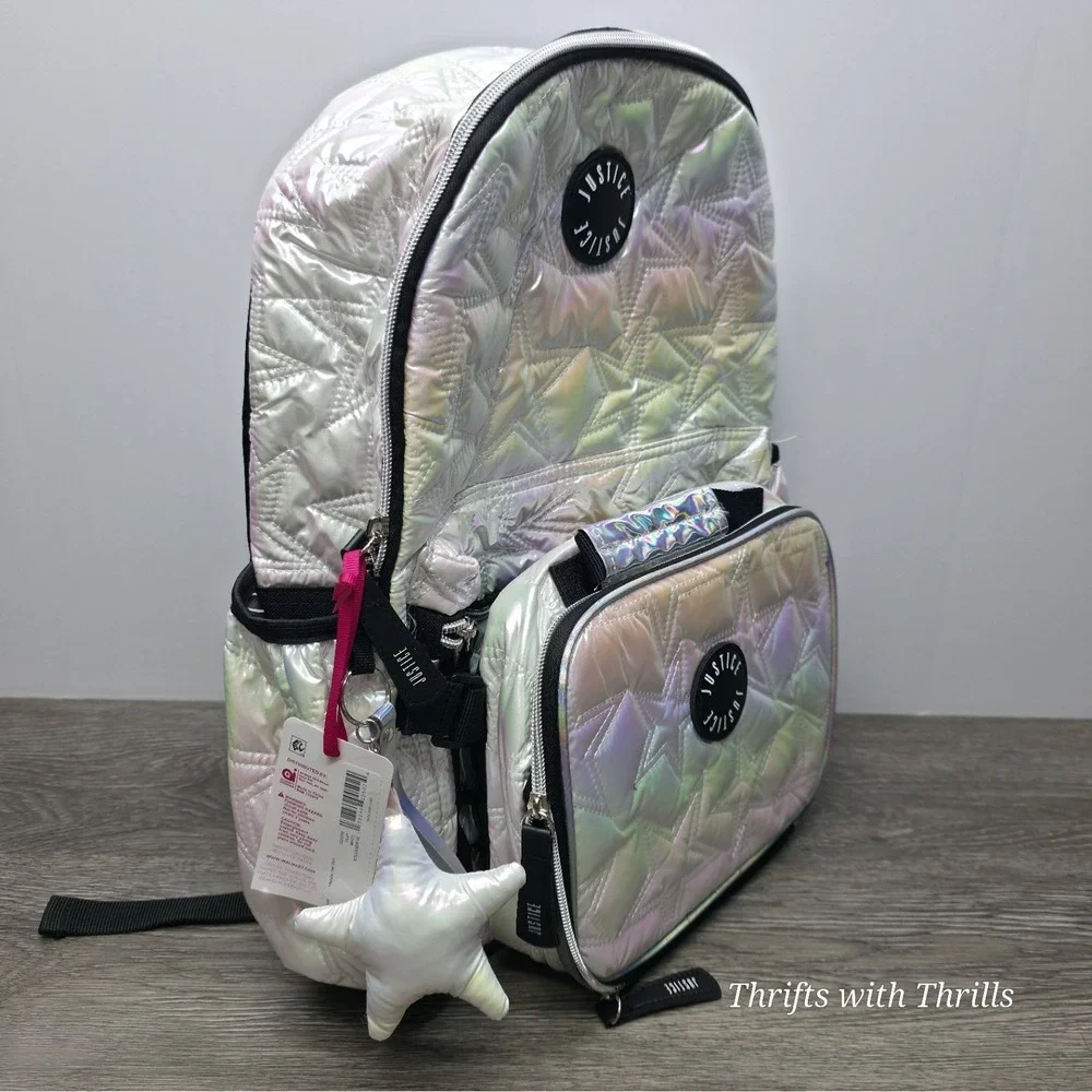 Justice Iridescent White Puffy Star Backpack with Lunch Box and Charm 17in
